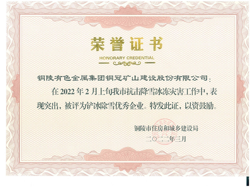 公司荣获铜陵市铲冰除雪先进集体荣誉称号
